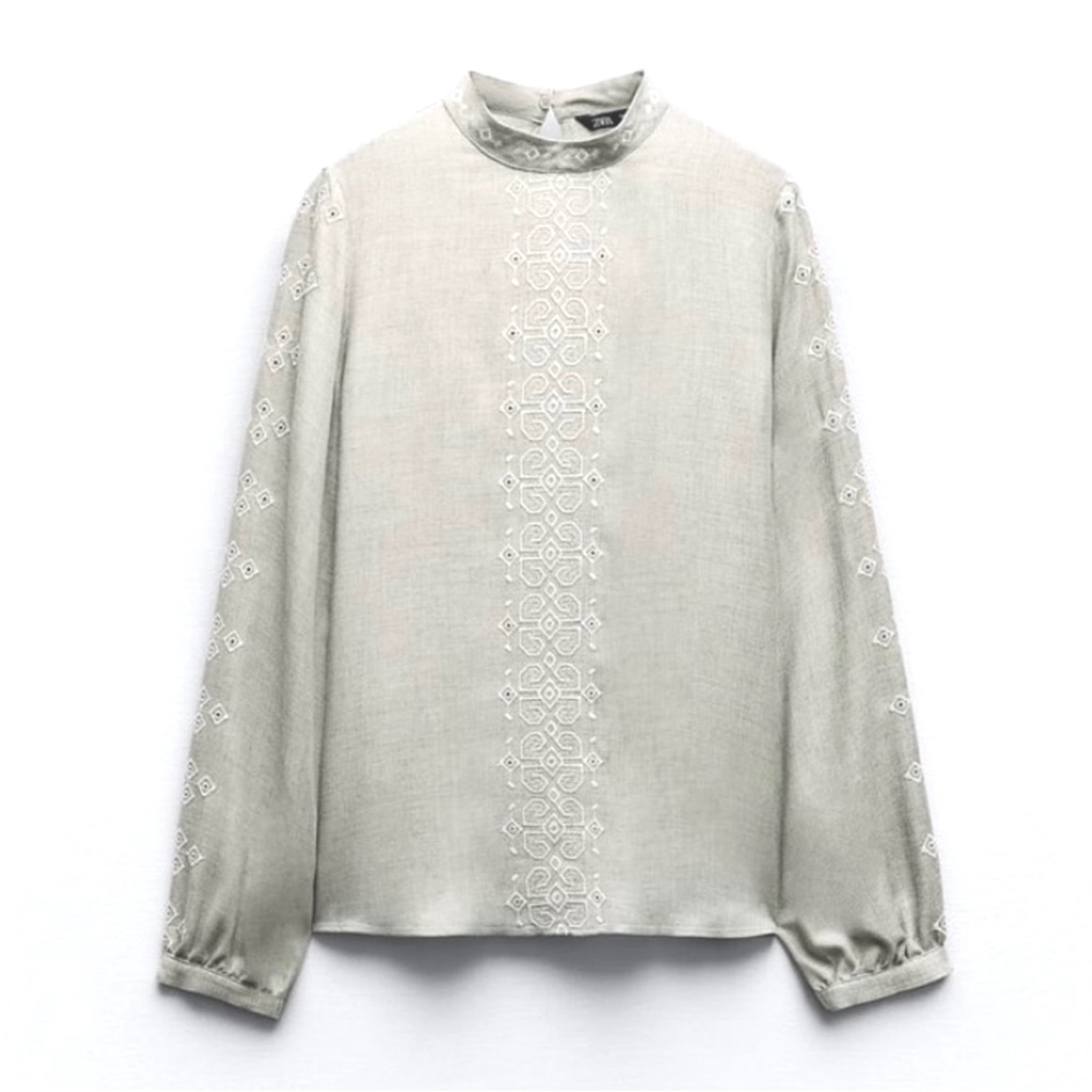 ZARA size Medium Gray Long sleeve embroidered blouse top